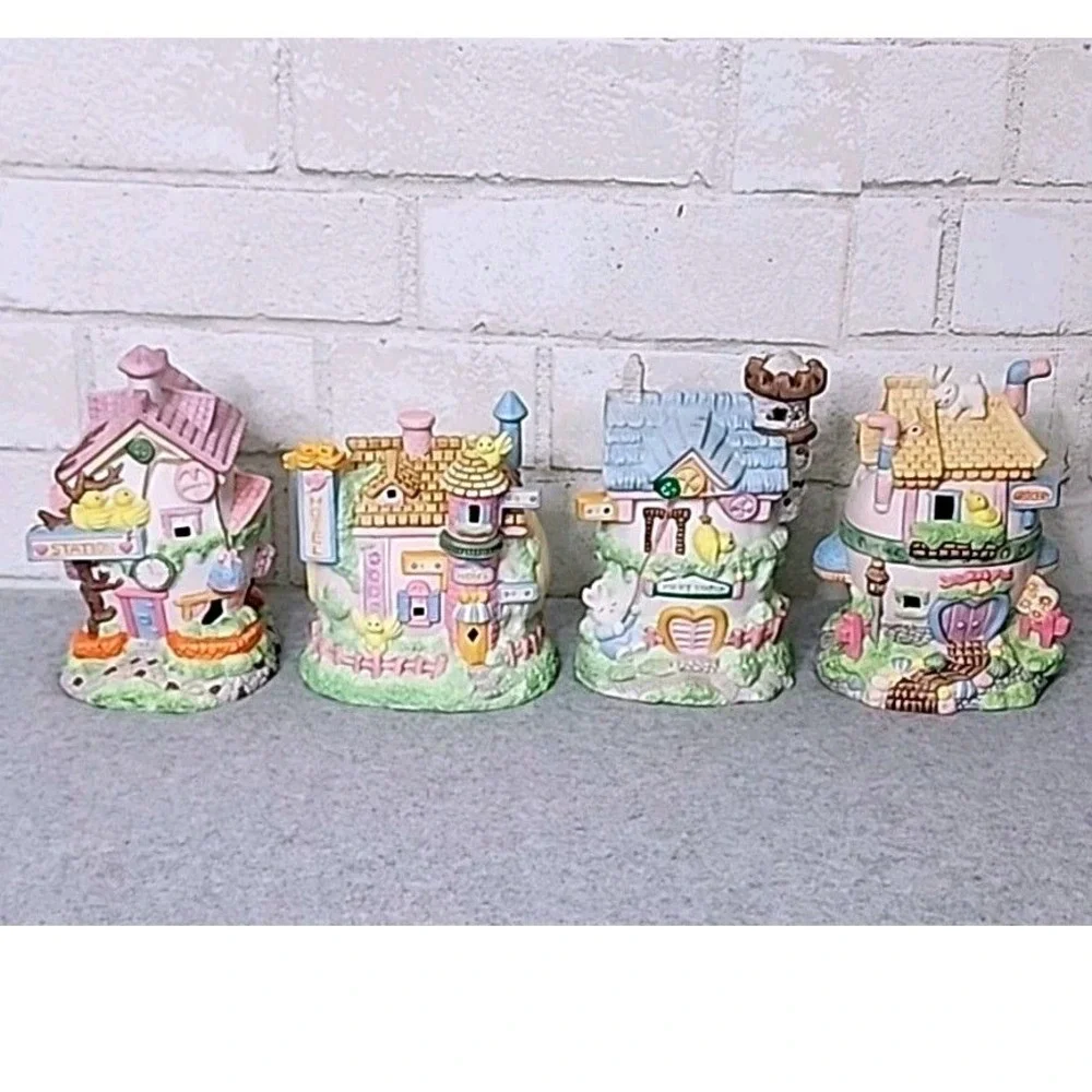 Easter Egg Village Porcelain Buildings Grocery Hotel Police Station‎ 4 Pc Set